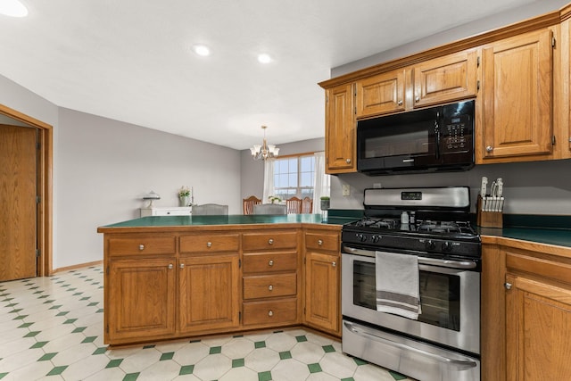 2131 Redoak Rd, Fordland, MO 65652 - kitchen featuring black microwave, stainless steel range with gas cooktop, a peninsula, brown cabinets, and recessed lighting