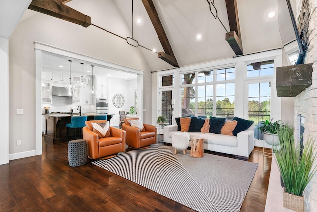 6421 S Valley Brook Ct, Springfield, MO 65810 - living room with high vaulted ceiling, beam ceiling, dark wood-type flooring, and recessed lighting