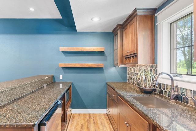 6421 S Valley Brook Ct, Springfield, MO 65810 - kitchen with decorative backsplash, light wood finished floors, open shelves, dark stone counters, and recessed lighting