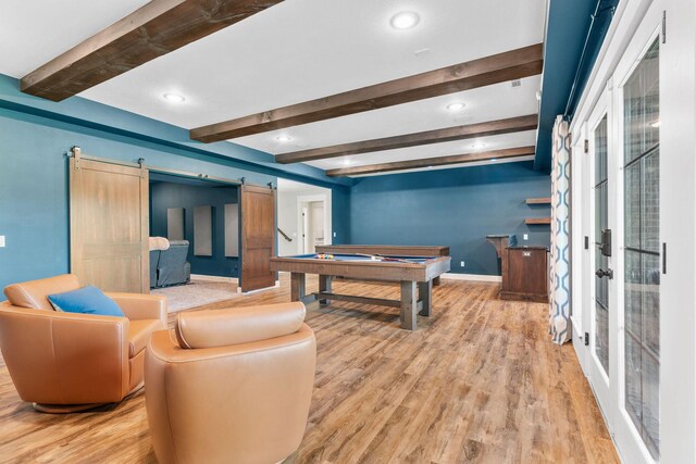 6421 S Valley Brook Ct, Springfield, MO 65810 - rec room with a barn door, beamed ceiling, pool table, and light wood-style floors