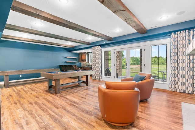 6421 S Valley Brook Ct, Springfield, MO 65810 - recreation room with beamed ceiling, wood finished floors, french doors, and billiards table