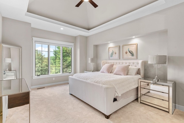 6421 S Valley Brook Ct, Springfield, MO 65810 - bedroom featuring light colored carpet, a tray ceiling, recessed lighting, and ceiling fan