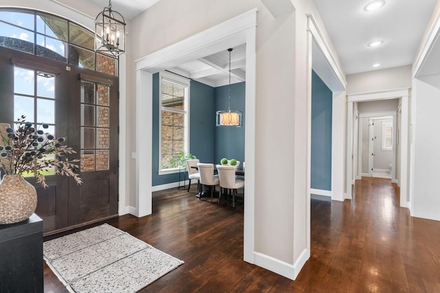 6421 S Valley Brook Ct, Springfield, MO 65810 - entrance foyer with a chandelier, wood finished floors, recessed lighting, beam ceiling, and coffered ceiling