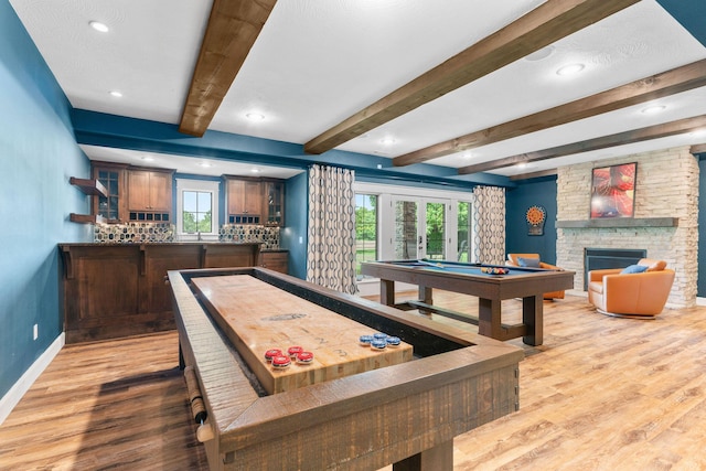 6421 S Valley Brook Ct, Springfield, MO 65810 - game room with wood finished floors, beamed ceiling, billiards table, a fireplace, and recessed lighting