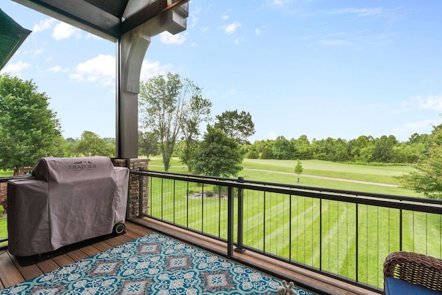 6421 S Valley Brook Ct, Springfield, MO 65810 - wooden deck with area for grilling, view of scattered trees, and a yard