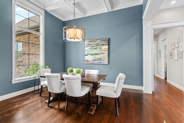 6421 S Valley Brook Ct, Springfield, MO 65810 - dining space with dark wood-style floors, beam ceiling, a chandelier, and coffered ceiling
