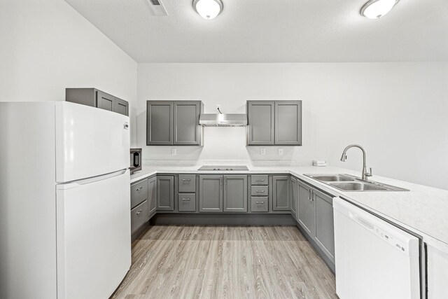 kitchen featuring white appliances, gray cabinetry, light countertops, and light wood finished floors