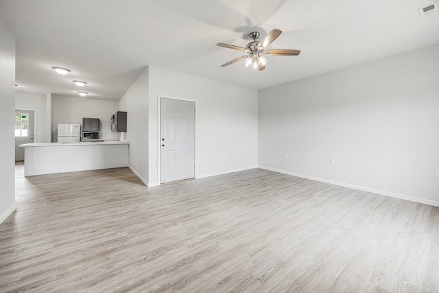 unfurnished living room with light wood finished floors and ceiling fan