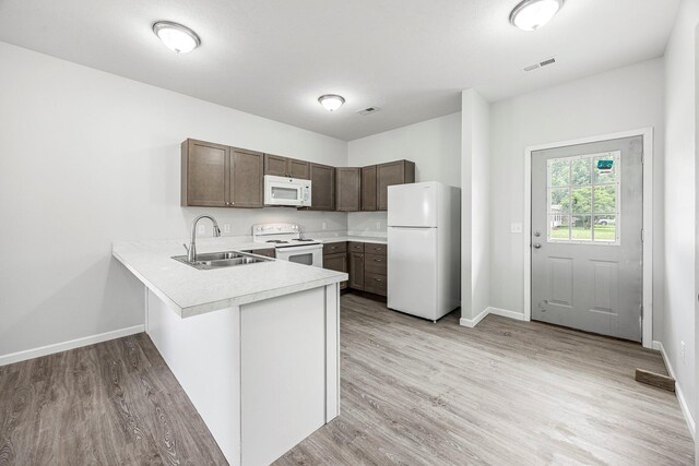 kitchen featuring white appliances, light countertops, a peninsula, light wood finished floors, and dark brown cabinetry