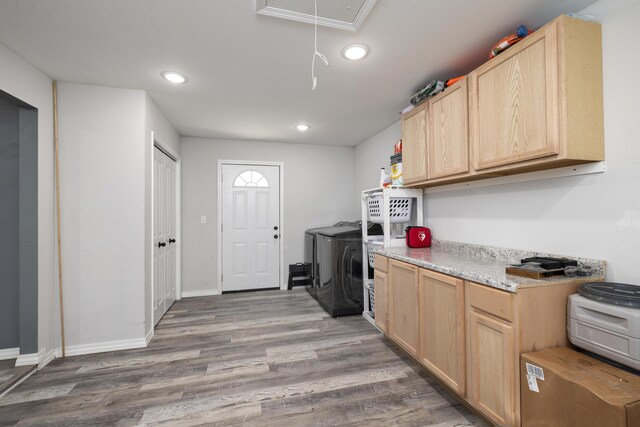 2080 State Route 14, West Plains, MO 65775 - laundry room featuring attic access, washer and clothes dryer, wood finished floors, and recessed lighting