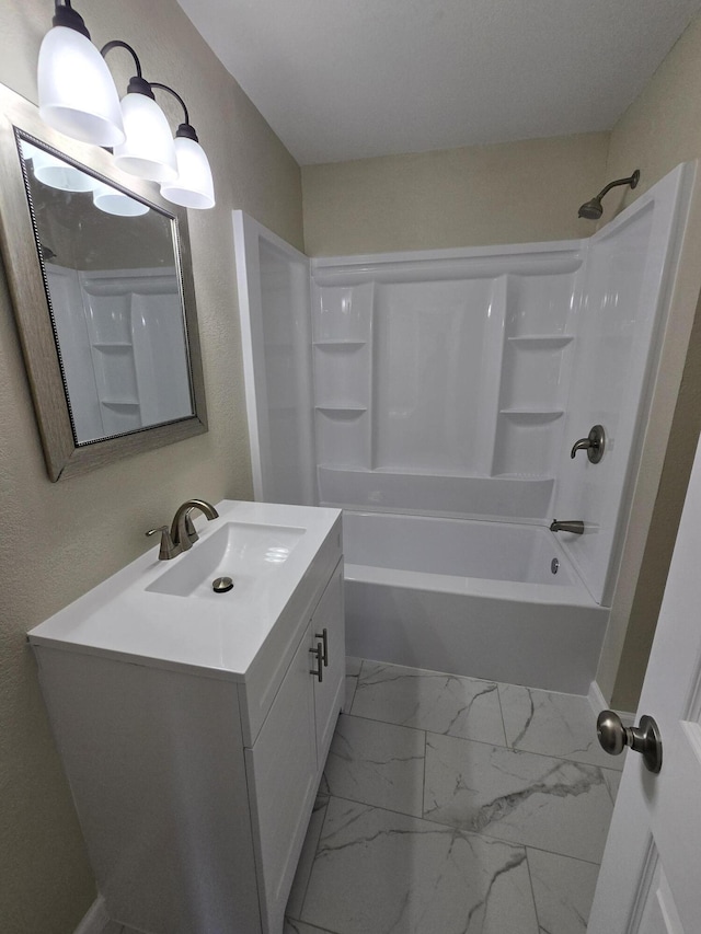1008 3rd St, Monett, MO 65708 - bathroom with vanity, marble look tile flooring, and bathing tub / shower combination