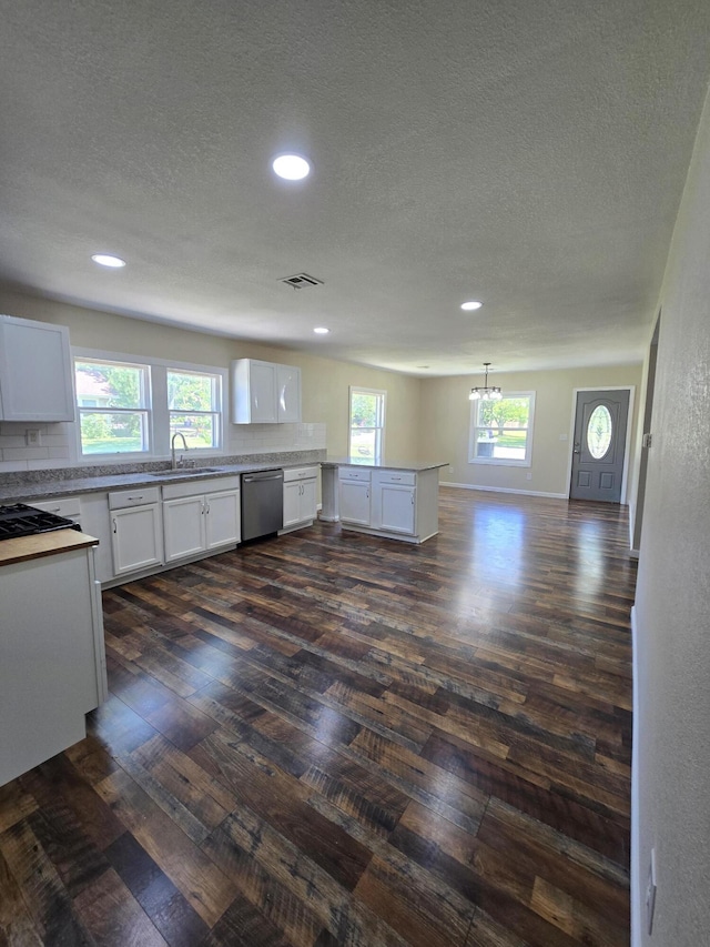 1008 3rd St, Monett, MO 65708 - kitchen with stainless steel dishwasher, a textured ceiling, dark wood-style floors, white cabinets, and recessed lighting