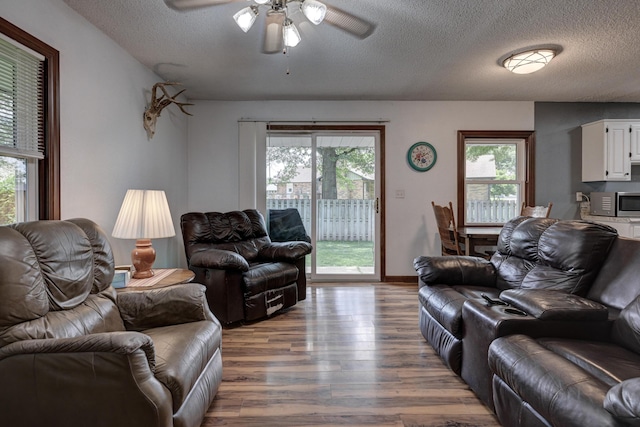 2148 Carrie St, Carthage, MO 64836 - living room with wood finished floors, a textured ceiling, and a ceiling fan