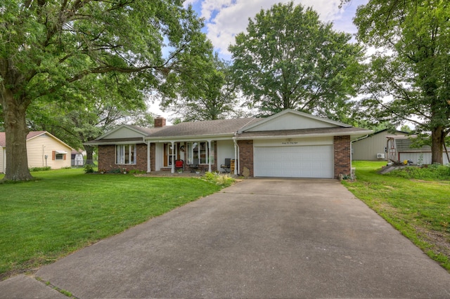 2148 Carrie St, Carthage, MO 64836 - ranch-style house with an attached garage, brick siding, driveway, a chimney, and a front lawn
