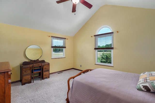 14521 Lawrence Unit 2145, Mount Vernon, MO 65712 - carpeted bedroom with multiple windows, vaulted ceiling, and ceiling fan