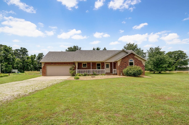 14521 Lawrence Unit 2145, Mount Vernon, MO 65712 - single story home featuring gravel driveway, brick siding, an attached garage, covered porch, and a front lawn