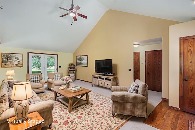 14521 Lawrence Unit 2145, Mount Vernon, MO 65712 - living room featuring a ceiling fan, high vaulted ceiling, and wood finished floors