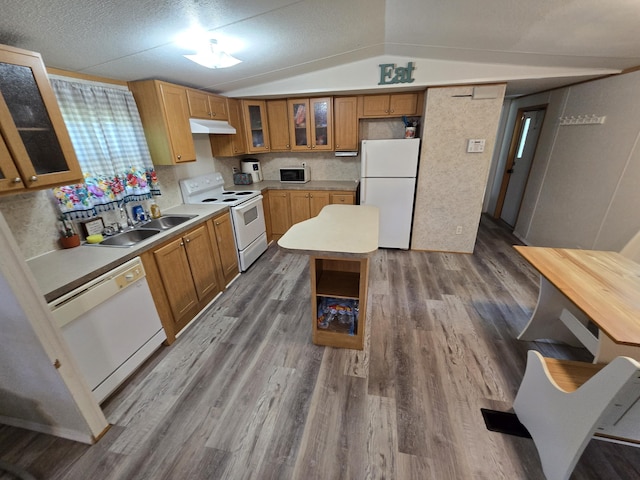 4662 S 30th Rd, Fair Play, MO 65649 - kitchen featuring white appliances, under cabinet range hood, dark wood finished floors, lofted ceiling, and light countertops
