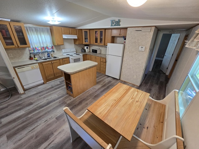 4662 S 30th Rd, Fair Play, MO 65649 - kitchen featuring white appliances, under cabinet range hood, a kitchen island, wood finished floors, and lofted ceiling
