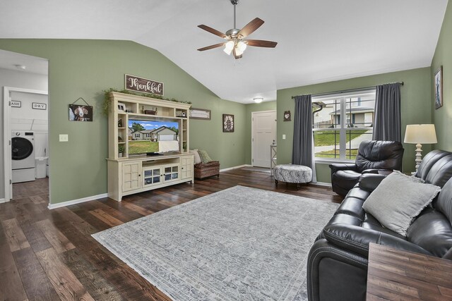237 Kelsi Ln, Branson, MO 65616 - living room with vaulted ceiling, washer / clothes dryer, a ceiling fan, and dark wood-type flooring