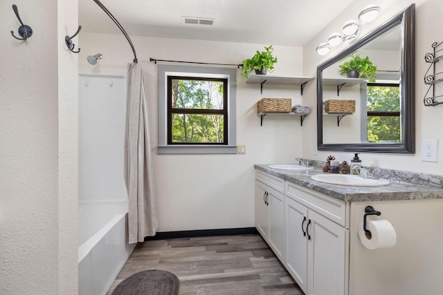 537 Watson Rd, Branson, MO 65616 - bathroom with healthy amount of natural light, wood finished floors, double vanity, and shower / bath combo with shower curtain