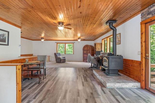 537 Watson Rd, Branson, MO 65616 - office space featuring a wood stove, plenty of natural light, wood ceiling, wood finished floors, and wainscoting