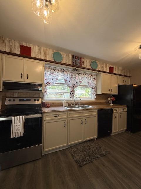 212 W Lindberg St, Springfield, MO 65807 - kitchen with black appliances, under cabinet range hood, white cabinets, and dark wood-style floors