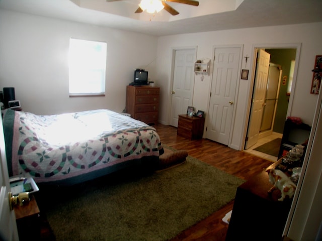 131 Sweetbriar Dr, Marshfield, MO 65706 - bedroom featuring wood finished floors, a raised ceiling, and ceiling fan