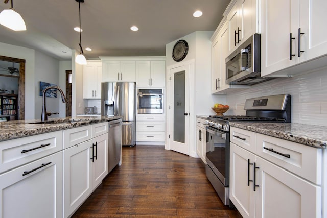 677 N Fox Hill Cir, Nixa, MO 65714 - kitchen featuring appliances with stainless steel finishes, dark wood-style floors, recessed lighting, stone countertops, and white cabinetry