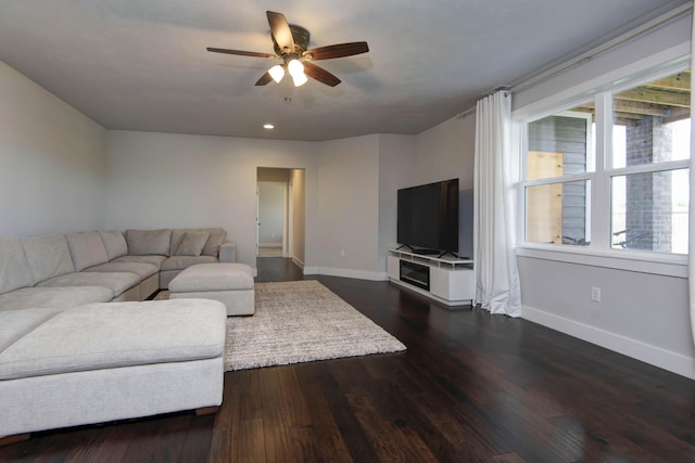 677 N Fox Hill Cir, Nixa, MO 65714 - living room featuring a ceiling fan, dark wood-style floors, and recessed lighting
