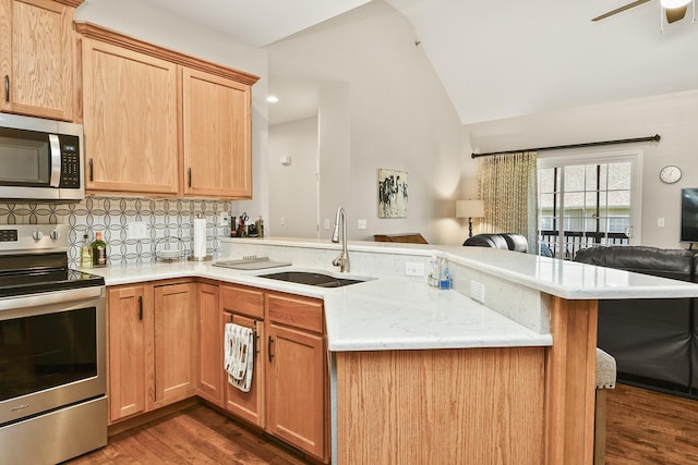 1376 N Sandy Creek Cir # 1, Nixa, MO 65714 - kitchen featuring appliances with stainless steel finishes, open floor plan, a peninsula, vaulted ceiling, and dark wood finished floors