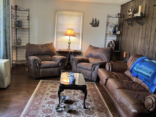 1103 Riverview Dr, Mammoth Spring, AR 72554 - living room with wood walls and dark wood-style flooring