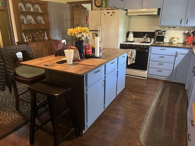 1103 Riverview Dr, Mammoth Spring, AR 72554 - kitchen with butcher block counters, white appliances, dark wood-style floors, and under cabinet range hood