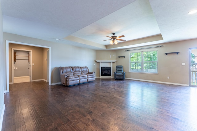 865 E Striper Dr, Nixa, MO 65714 - living area with a tray ceiling, a ceiling fan, dark wood-type flooring, and a fireplace
