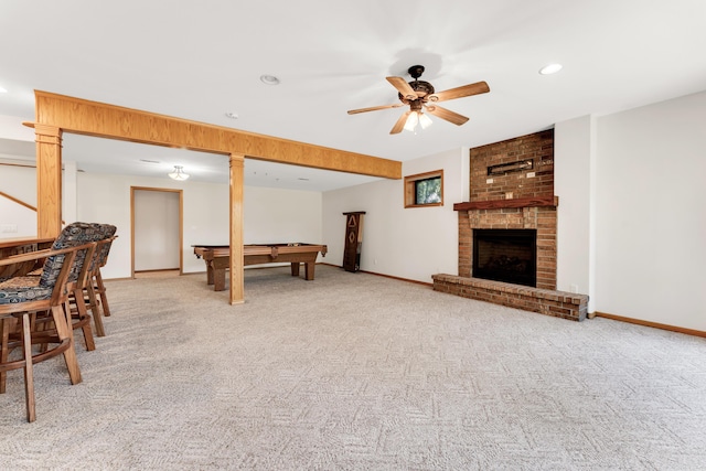 201 Silver Oak Ln, Branson West, MO 65737 - recreation room with pool table, a ceiling fan, light colored carpet, recessed lighting, and a brick fireplace