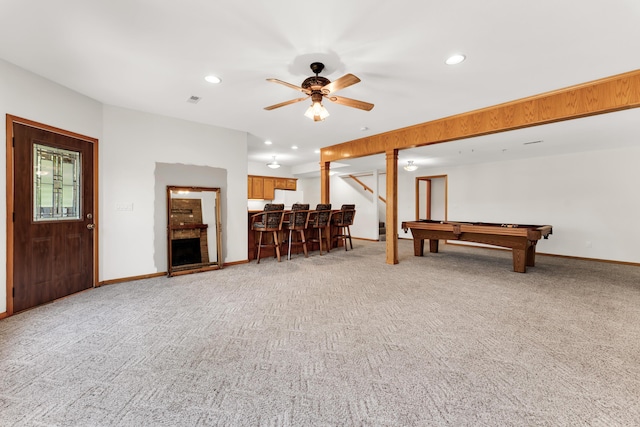 201 Silver Oak Ln, Branson West, MO 65737 - game room featuring pool table, light carpet, a dry bar, ceiling fan, and recessed lighting