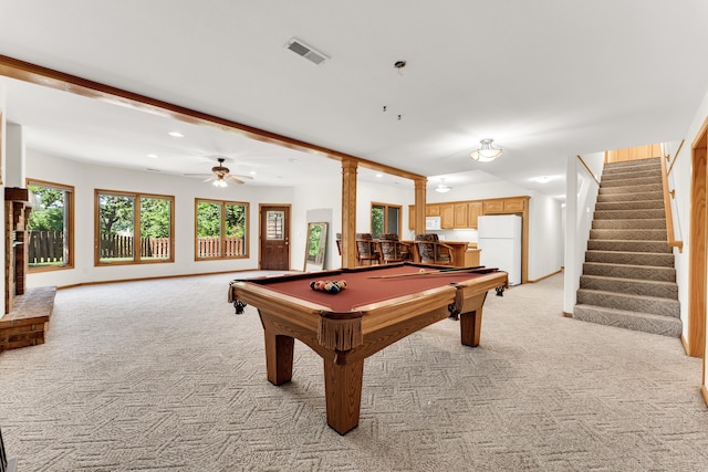 201 Silver Oak Ln, Branson West, MO 65737 - game room with light colored carpet, pool table, recessed lighting, bar, and a ceiling fan