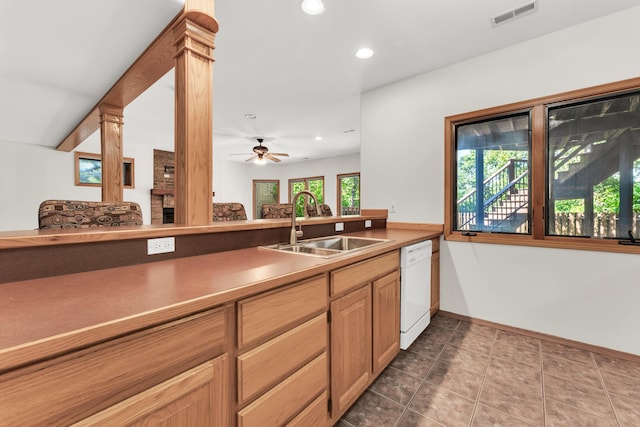 201 Silver Oak Ln, Branson West, MO 65737 - kitchen with white dishwasher, a ceiling fan, recessed lighting, and dark tile patterned floors