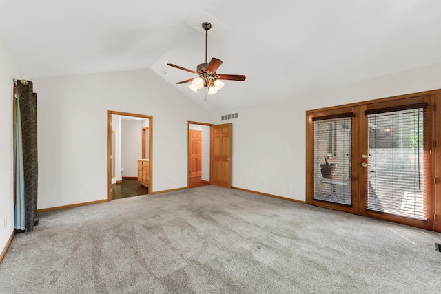 201 Silver Oak Ln, Branson West, MO 65737 - unfurnished bedroom featuring access to outside, carpet flooring, vaulted ceiling, connected bathroom, and ceiling fan
