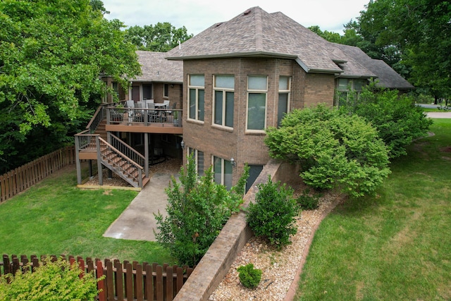 201 Silver Oak Ln, Branson West, MO 65737 - back of house with a fenced backyard, a wooden deck, a patio area, stairs, and brick siding