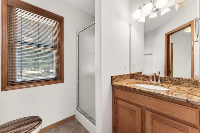 201 Silver Oak Ln, Branson West, MO 65737 - full bath with a shower stall, tile patterned flooring, vanity, and a chandelier