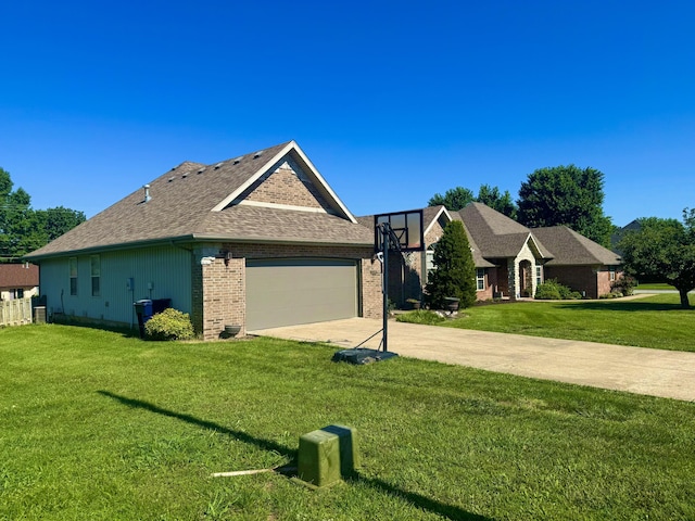 5537 S Pinehurst Ave, Springfield, MO 65810 - view of property exterior with a yard, driveway, brick siding, an attached garage, and a shingled roof