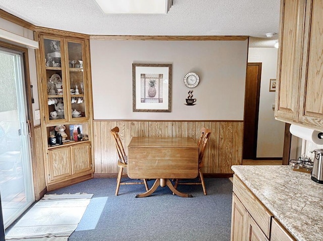 16610 S 1375th Rd, Nevada, MO 64772 - dining space with wainscoting, a textured ceiling, wood walls, and carpet