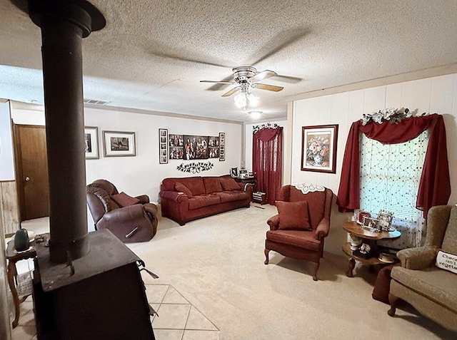 16610 S 1375th Rd, Nevada, MO 64772 - living room with a ceiling fan, carpet, and a wood stove