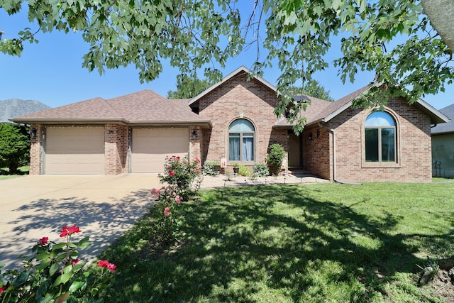 576 S Barnstable, Nixa, MO 65714 - single story home featuring an attached garage, brick siding, concrete driveway, a front yard, and a shingled roof