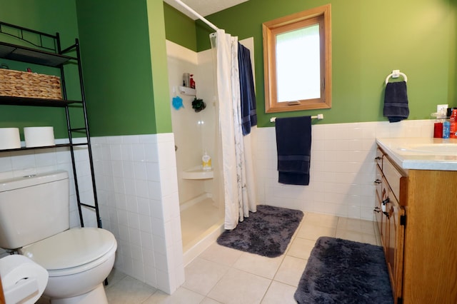 576 S Barnstable, Nixa, MO 65714 - full bath with tile walls, a wainscoted wall, tile patterned floors, vanity, and curtained shower