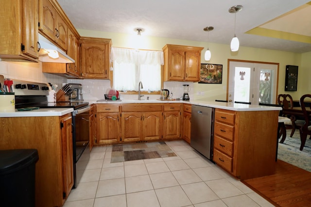 576 S Barnstable, Nixa, MO 65714 - kitchen with black electric range, dishwasher, a peninsula, under cabinet range hood, and brown cabinetry