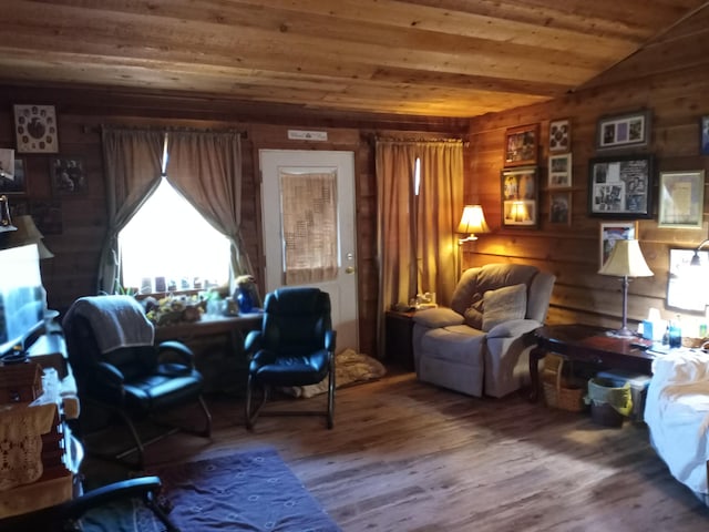 2240 Racetrack Hollow Rd, Anderson, MO 64831 - sitting room with wood ceiling, wood finished floors, wooden walls, and vaulted ceiling