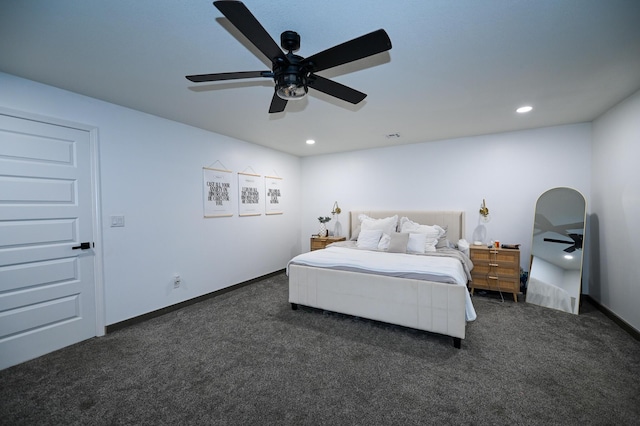 30950 E 54th Hwy, El Dorado Springs, MO 64744 - bedroom featuring dark carpet, recessed lighting, and a ceiling fan