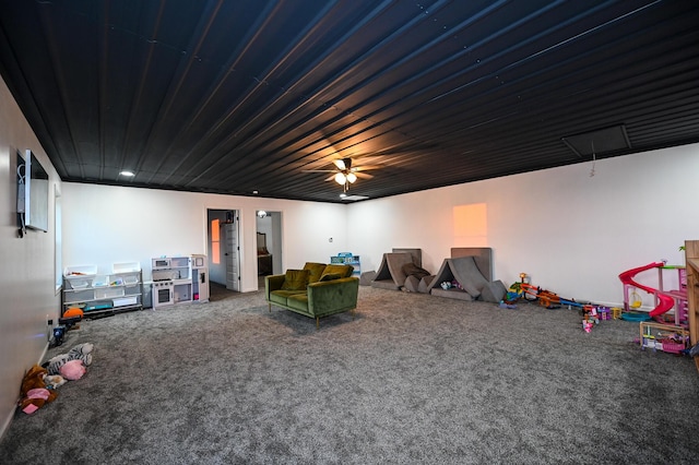 30950 E 54th Hwy, El Dorado Springs, MO 64744 - game room featuring attic access, carpet floors, wood ceiling, and a ceiling fan
